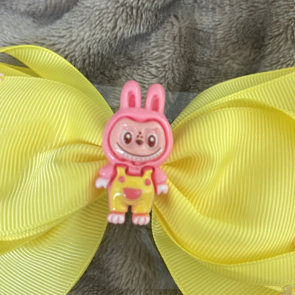 Yellow cartoon labubu Hair Bow with butterfly glitter accents new